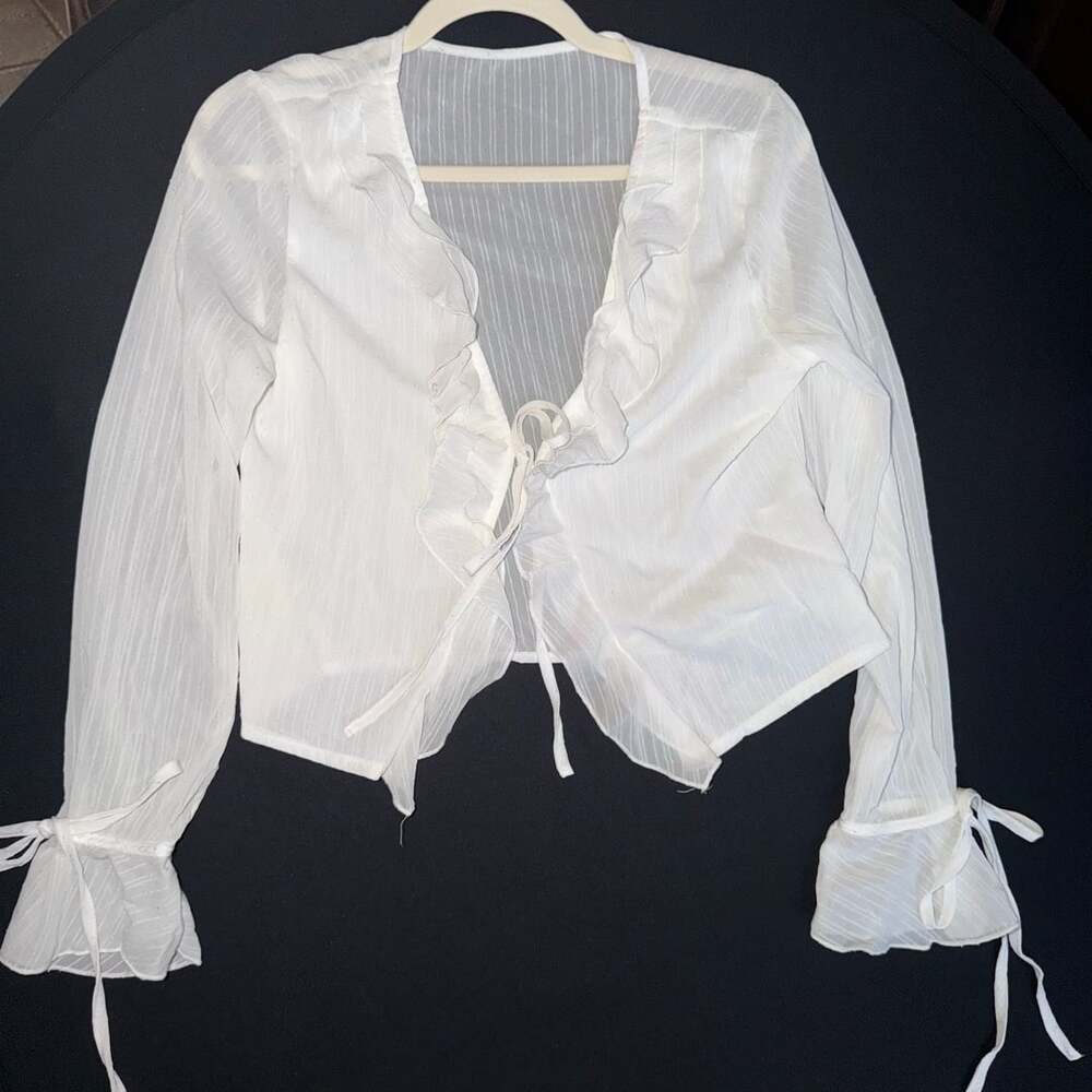 SHEIN White Sheer Striped Tie-Front Ruffle Crop Blouse with Bell Sleeves